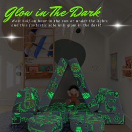 MeMoreCool Modular Glow Sofa for Kids, 8-Piece Convertible Foam Couch Play Set with Glowing Dinosaur Design for Toddlers and Playroom
