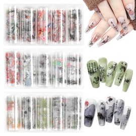DANNEASY 30 Rolls Nail Art Foil Transfer, Landscape Painting Nail Foil Wraps Bamboo, Flowers, Cranes, Plum Blossoms Stickers Starry Sky Holographic Nail Foils for Women Nails Supplies