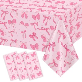 Homanu 3 Pack Pink Birthday Bow Party Decorations Tablecloths, Large Size 54 X 108 Inch Bow Table Cloth Plastic Table Cover Girls Birthday Tablecloth Rectangular