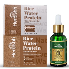 Herbishh Rice Water Growth Set – Rice Water Shampoo & Conditioner Bars + Ginger Oil 30ml – For Thinning Hair, Dry Scalp, & Strengthening Support – Vegan, Sulfate-Free, Eco-Friendly