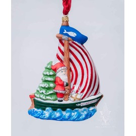 Vaillancourt Folk Art Santa on St. Nicholas Sailboat with Nantucket Whale Flag
