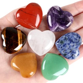 XIANNVXI 7Pcs Natural Healing Crystal Heart Stones Set 30mm Amethyst Clear Quartz Crystals Polished Love Palm Pocket Gemstones for Chakra Reiki Lover Mothers Day Gifts