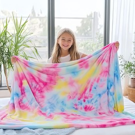 Ailemei Direct Rainbow Tie Dye Blanket for Girls, Soft Warm Bed Fleece Toddler Blankets for Teen Girl, Cute Funny Decorative Blankets for Adults Kid's Gift, Pastel Plush Blanket, Hot Pink
