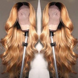 Body Wave Human Hair Wig 1b27 Tow Tone Hair Wig Brazilian Remy Hair Honey Blonde Colour Wig Black to Honey Blonde Tow Tone Hair Wig 4x4 Lace Closure Wig 20 Inches