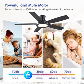 BYKISTOK 52" Flush Mount Ceiling Fan with Lights and Remote - Black Modern Ceiling Fan, Reversible and 5 Dual-Sided Blades, Low Profile Fan Light for Indoor Bedroom, Covered Patios