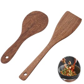 Ebenholz Spatula, Wooden Spatula Set Of 2, Oval Cooking Spoon, Schrägschaufel, Rundschaufel, Wooden Cooking Cutlery, Spatula For Wok Pan With Non-Stick Coating (8.66 Cm / 12.99 Inches)