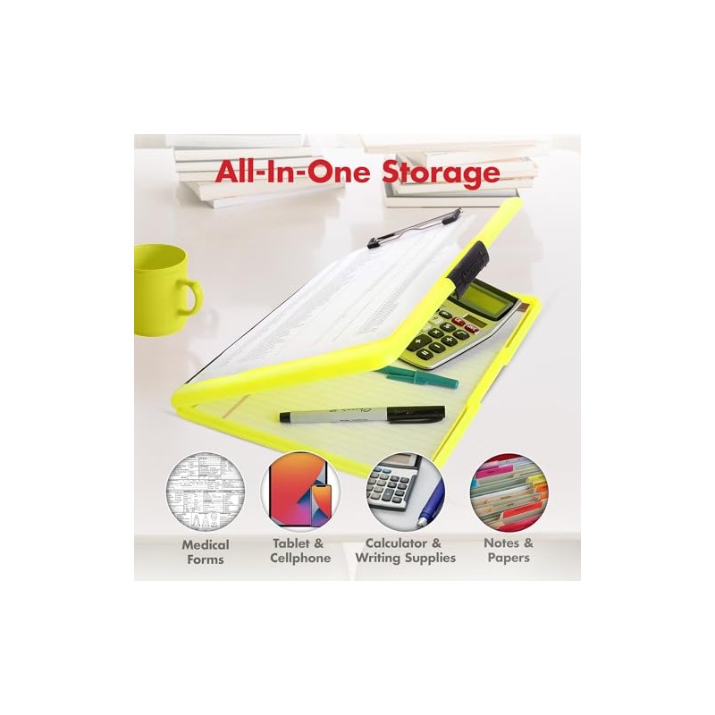 Dexas Slimcase 2 Storage Clipboard with Side Opening, Neon Yellow