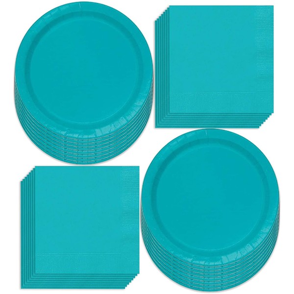 Caribbean Blue Paper Dinner Plates and Luncheon Napkins, Solid Blue Party Supplies and Summer Table Decorations (Serves 16)