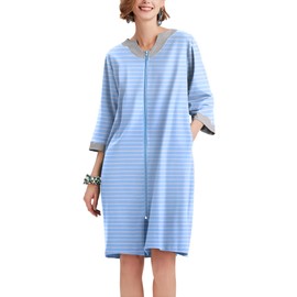 Ekouaer Women Zipper Robe 3/4 Sleeve Nightgowns Lightweight Short Bathrobe with Pockets Blue Strips,XL