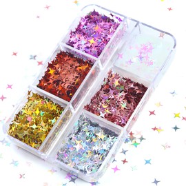 6 Grid Holographic Star Nail Glitter Set,3D Five-Pointed Star Sequins,Flakes for Nail Art, Independence Day Decor, DIY Crafts Holographic Sparkle Nail Decals for Women Girls Manicure Supplies