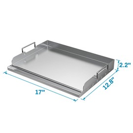 Skyflame Universal Stainless Steel Griddle Flat Top Plate with Even Heating Bracing for BBQ Charcoal/Gas Grills, Camping, Tailgating, and Parties 17" x 13"