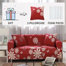 Qubjus Stretch Sofa Cover Printed Couch Cover Patterned with One Separate Cushion Cover for 3 Cushion Couches Sofas Washable Elastic Universal Furniture Protector(Large,Red Flower)