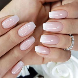 Square Press on Nails Medium Pink Fake Nails with Glue Pink & White Gradient Designs Glue on Nails Full Cover False Nails Artificial Acrylic Nails for Women