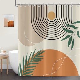 ASDCXZ Boho Shower Curtain 180x200 cm, Modern Abstract Art Boho Style Sun Moon Leaves Beige Bath Washable Shower Curtains Polyester Textile Waterproof Shower Curtain for Bathtub with 12 Hooks