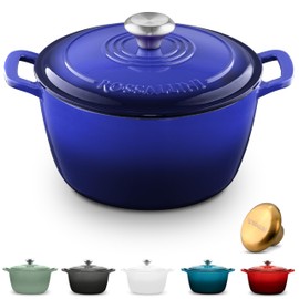 ROSSALLINI Signature Enameled Cast Iron Dutch Oven, Non-Stick Serving Pot with Tight Fitting Lid for Perfect Roasting, Baking, Sauteing, and Bread Making | 7.4Q (7L) - Indigo Blue