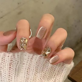 Tyuimhx Cat Eyes Press on Nails Coffin Short Fake Nails Glitter False Nails With Rhinestones Designs Glossy Full Cover Stick on Nails Acrylic Artificial Nails Glue on Nails for Women Girls 24Pcs