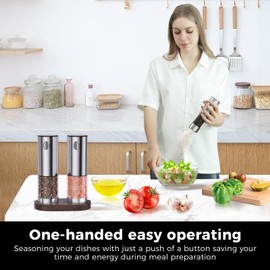 Electric Salt and Pepper Grinder Set Rechargeable, Stainless Steel Automatic Grinder with Adjustable Coarseness, LED Light, 2.3oz Capacity, Refillable, Includes Wooden Tray, Perfect for Home Cooks