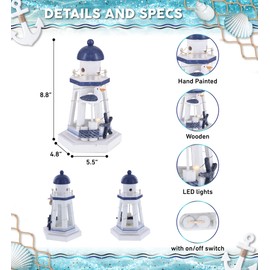 CoTa Global Ocean Blue Nautical Wooden Lantern Lighthouse With LED Lights - Table Top Centerpiece Coastal Decor For Home, Beach House, Rustic Decorative Lamp with Boat Anchor - Handmade Color May Vary