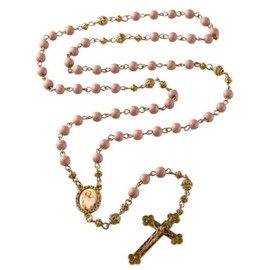 Needzo - Pink Glass Prayer Bead Catholic Antique Finish Rosary Necklace with St Joseph Centerpiece, Christian Jewelry for Women, 21 Inch