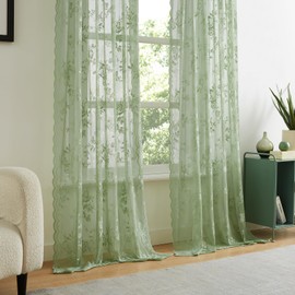Sage Green Lace Curtains 90 Inches Long Spring Country Floral Sheer Curtains for Living Room Bedroom Rod Pocket Light Filtering French Lace Curtain 2 Panels for Dining Room, 52x90 Light Green