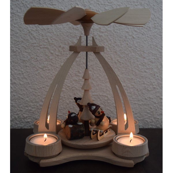 Dekohelden24 Tisch-Pyramide aus Buchenholz mit Schneemannfiguren, ca. 24 cm