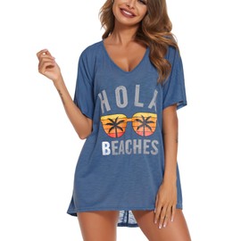 Women's Beach Dress Bikini Cover Up Summer Beach Poncho Swimwear V-Neck Beach Loose Cover Up Shirt with Print, lightblue