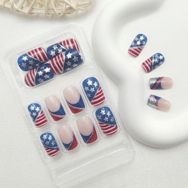 GXOIPNS 4th of July French Press on Nails Medium Square Fake Nails American Flag Glue on Nails Red Blue White Independence Day Nails Glossy Glitter Artificial Star Nails for Women 24 Pcs
