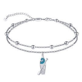 LINGBG JEWELRY Layered Wave Anklet for Women - Summer Surfer lover Ankle Bracelet - Dangling Sterling Silver Surf Pendant Ankle Bracelets - Adjustable Beach Ankle Jewelry