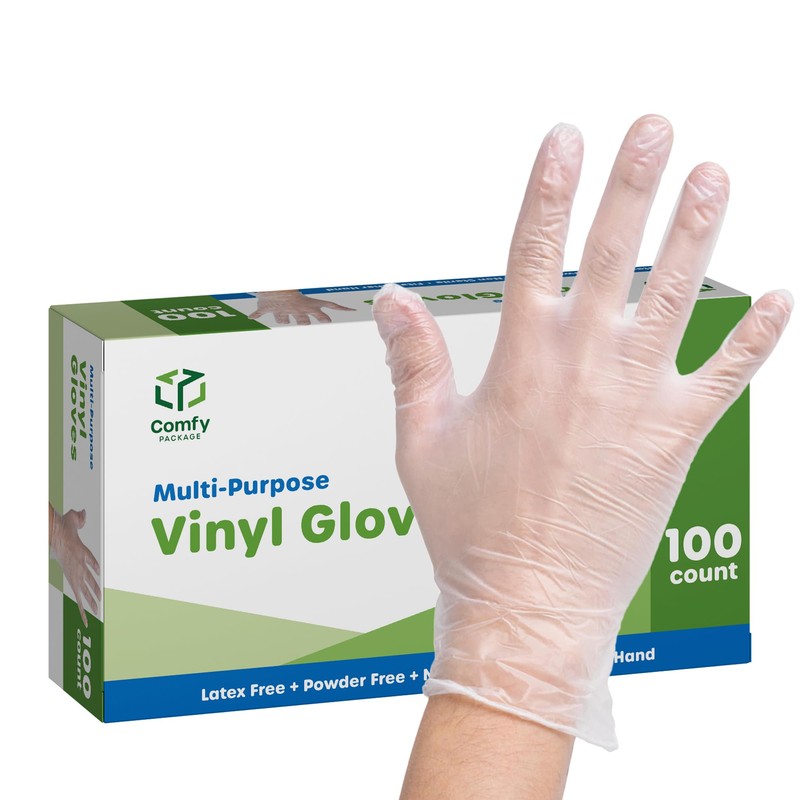 Comfy Package Disposable Vinyl Gloves – Clear, Latex-Free, Powder-Free, BPA-Free
