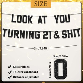 Vovii 21st Birthday Banner for Birthday Party Decorations, Pre-Strung Black Glitter Look At You Turning 21 Banner for 21st Bday Party Supplies Decor Gifts