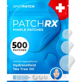 PatchRx Pimple Patches for Face (500 Patches), Hydrocolloid Acne Patches with Tea Tree Oil, Pimple Patch Pimple Stickers - Hydrocolloid Patch Acne Dots - Acne Pimple Patches For Face - Zit Patches