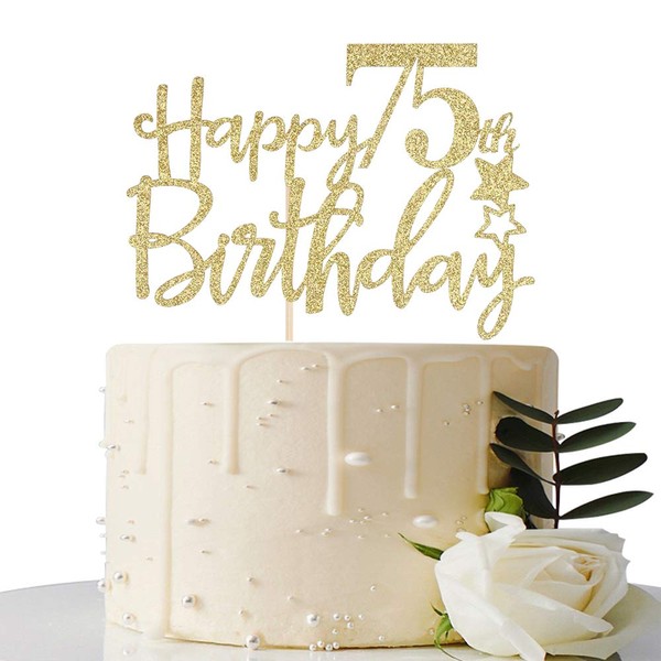 Maicaiffe Gold Glitter Happy 75th Birthday Cake Topper,Hello 75, Cheers to 75 Years,75 & Fabulous Party Decoration
