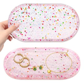 Jewelry Tray Ring Dish: Resin Trinket Dish with Flash Art - Key Tray - Jewelry Plate Holder for Cute Vanity Decor (1, Pink Flash)