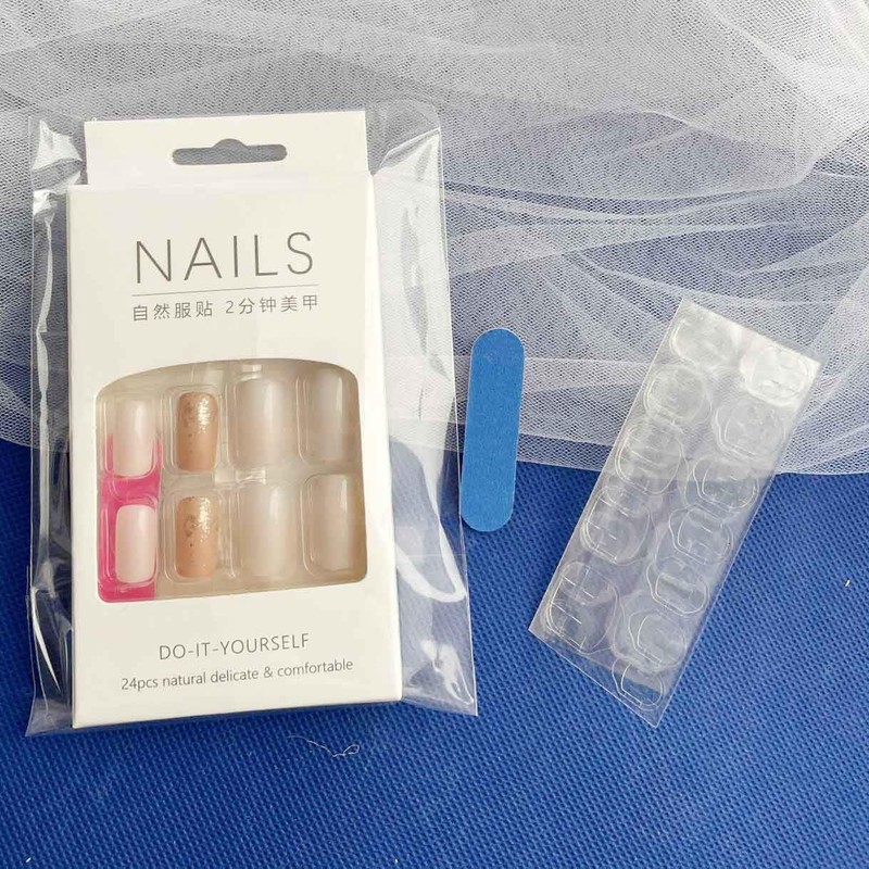 Resweky Medium Complete False Nails Pink Nude Square Shiny French