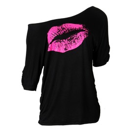 Smile Fish Women Casual Oversized 80s Lips Print Off Shoulder T-Shirt (XL, Black-Rose)
