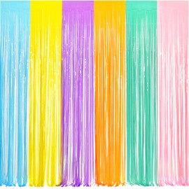 BRAVESHINE Tinsel Foil Fringe Curtains - 2Pcs 3.2x8.2ft Pastel Colourful Photo Backdrop for Sweet Birthdays Easter Bunny Bridal Shower Fairy Kids Candy Donut Party Decorations
