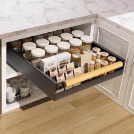 Pull Out Cabinet Organizer, 15.3'' Deep Expandable Slide Out Cabinet Organizer with Fixed with Adhesive Nano Film, Slide Out Drawers, Pull Out Drawers for Cabinet in Kitchen, Pantry, Bathroom, Black
