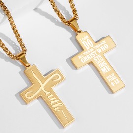 Gnamy Faith Cross Necklace for Men Male Him Teen Teenage Teenager Boys Kids, Stainless Steel Cross Pendant Chain Jewelry, Bible Verse Inspirational Christian Religious Gifts, Gold Philippians 4:13