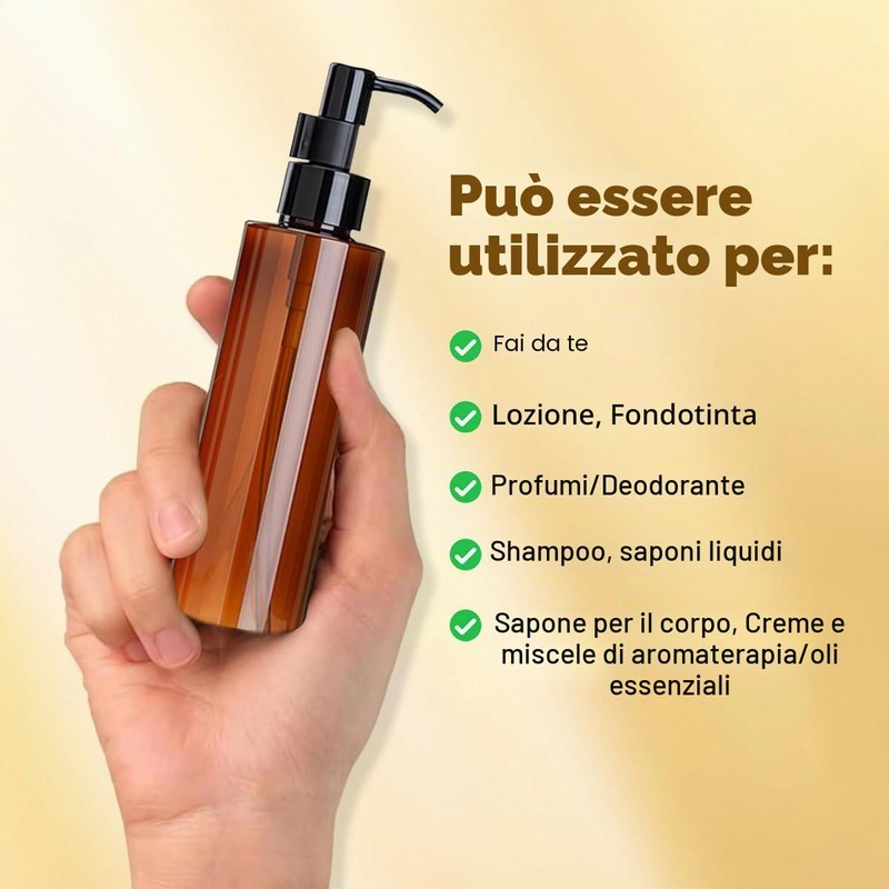 2 flaconi da 200 ml in plastica ambrata con pompa