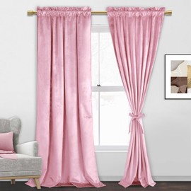 JIUZHEN Pink Velvet Curtains 84 inches for Living Room - Soft Retro Blackout Velvet Drapes Rod Pocket Room Darkening Thermal Insulated for Bedroom/Gallery, 52W x 84L, 2 Panels with Tiebacks