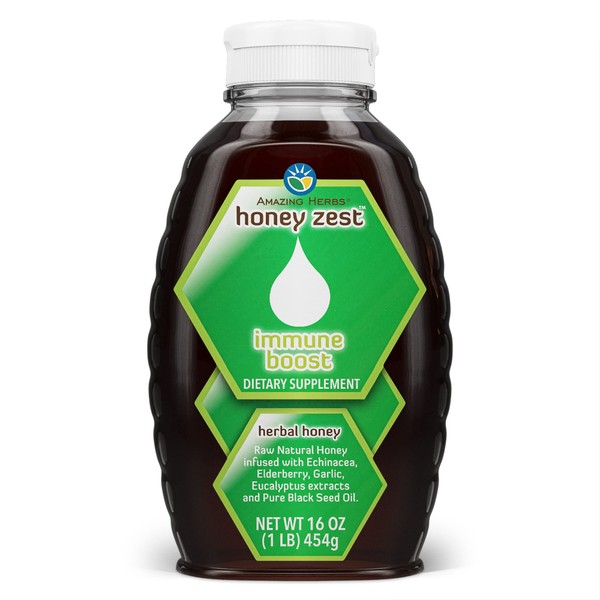 Amazing Herbs Raw Natural Honey - Herbal Honey Infused with Echinacea, Elderberry, Garlic, Eucalyptus Extracts & Pure Black Seed Oil, Non GMO, Gluten Free - Honeyzest Immune Boost, 16 Fl Oz