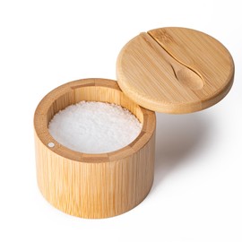 Husfunov Bamboo Salt Cellar, Salt Box with Magnetic Swivel Lid, Spice Box with Spoon, Round Salt Container for Storing Salt Pepper Sugar Herbs,6 Ounce Capacity