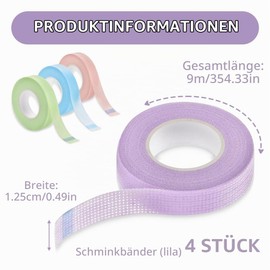 VEOIRXU Pack of 4 precise shadow cosmetic tape, cosmetic tape, breathable fabric bands, multi-purpose make-up tool for eyeliner, eye shadow, eyelash 1.25 cm x 9 m (rose + purple + blue + green)