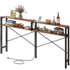 IRONCK Console Table with Power Outlet, Long Sofa Table with Shelves and X-Shaped Design, Narrow Sofa Entryway Behind Couch Table for Living Room and Hallway, Vintage Brown