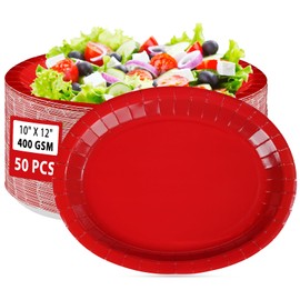 50 PCS Red Oval Paper Plates 10" x 12" Large Red Christmas Plates Disposable 400 GSM Heavy Duty Red Plates for Christmas Holiday Party Supplies Daily Dinner Picnic Barbecue Birthday Wedding Decoration