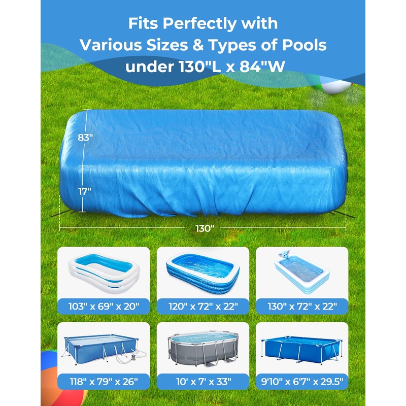 Reinmoson Inflatable Pool Cover Rectangular Fits Pool Under 130" L