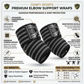 Comfy Elbow Wraps for Weightlifting – Heavy Duty Adjustable Elbow Support Straps for Gym, Bodybuilding, Cross Training, Powerlifting – Workout Brace Protector