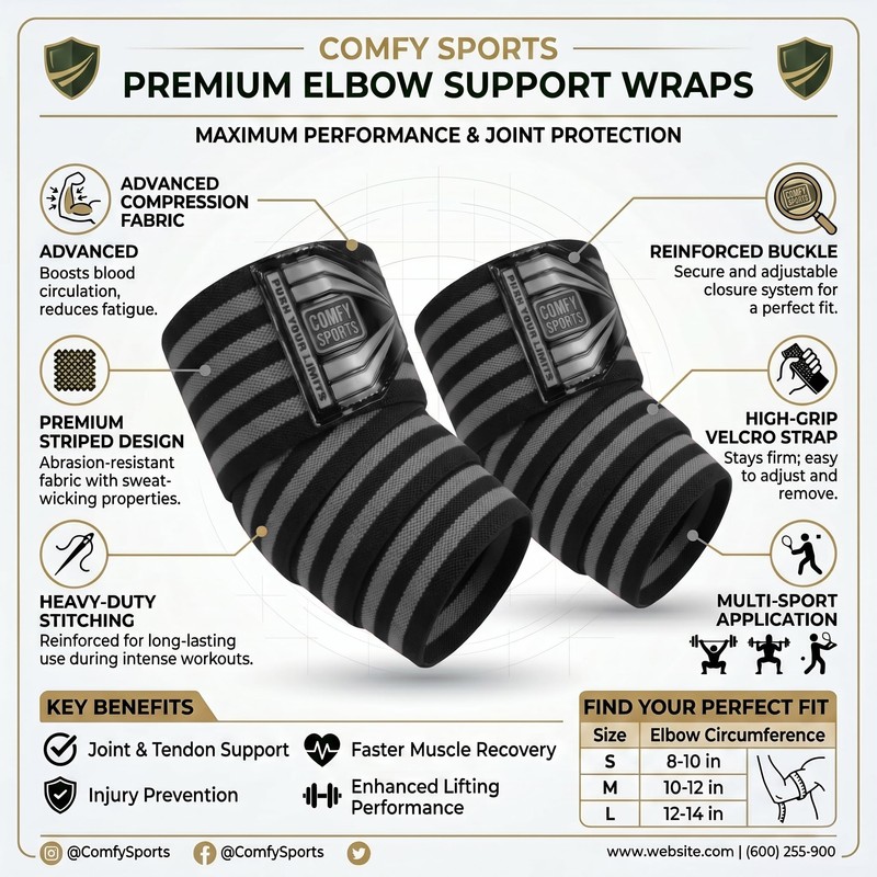 Comfy Elbow Wraps for Weightlifting – Heavy Duty Adjustable Elbow