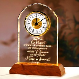 Retirement Clock Gifts for Women Men, Happy Retirement Gifts for Boss Coworkers, Going Away Gift for Retired Friends Leaving Presents for Leader Teacher, K9 Crystal Clock with Light Wooden Base