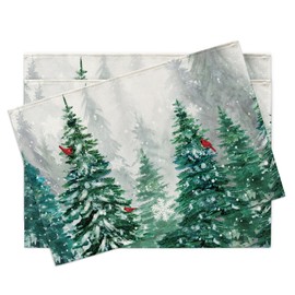 Croar Winter Pine Tree Placemats Set of 4, Snowy Forest Cardinal Red Bird Dining Place Mats Table Decor, Christmas Seasonal Snowflake Home Kitchen Decoration 12 x 18 Inch